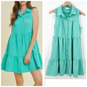 Heyson Teal Textured Woven Tiered Ruffle Flare Button Down Dress